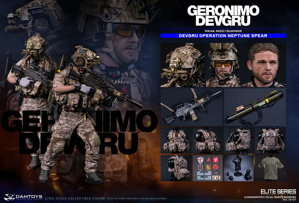Preventa Figura GERONIMO MK46 MOD1 GUNNER DEVGRU - Operation Neptune Spear marca Damtoys 78107 escala 1/6