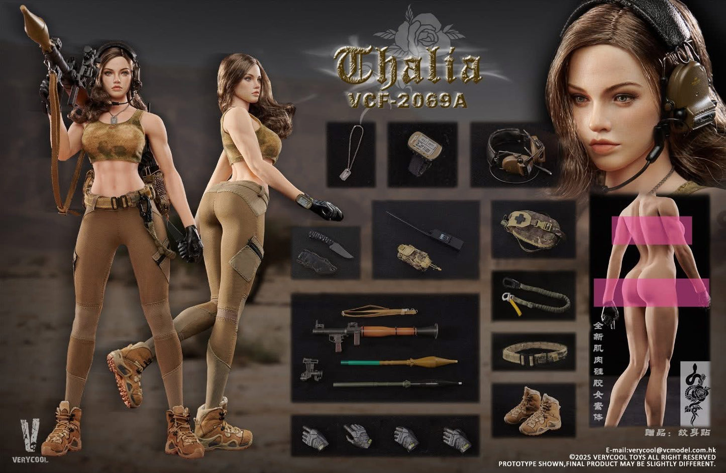 Preventa Figura Thalia (Cabello castaño) - Desert Female Soldier marca Verycool VCF-2069A escala 1/6