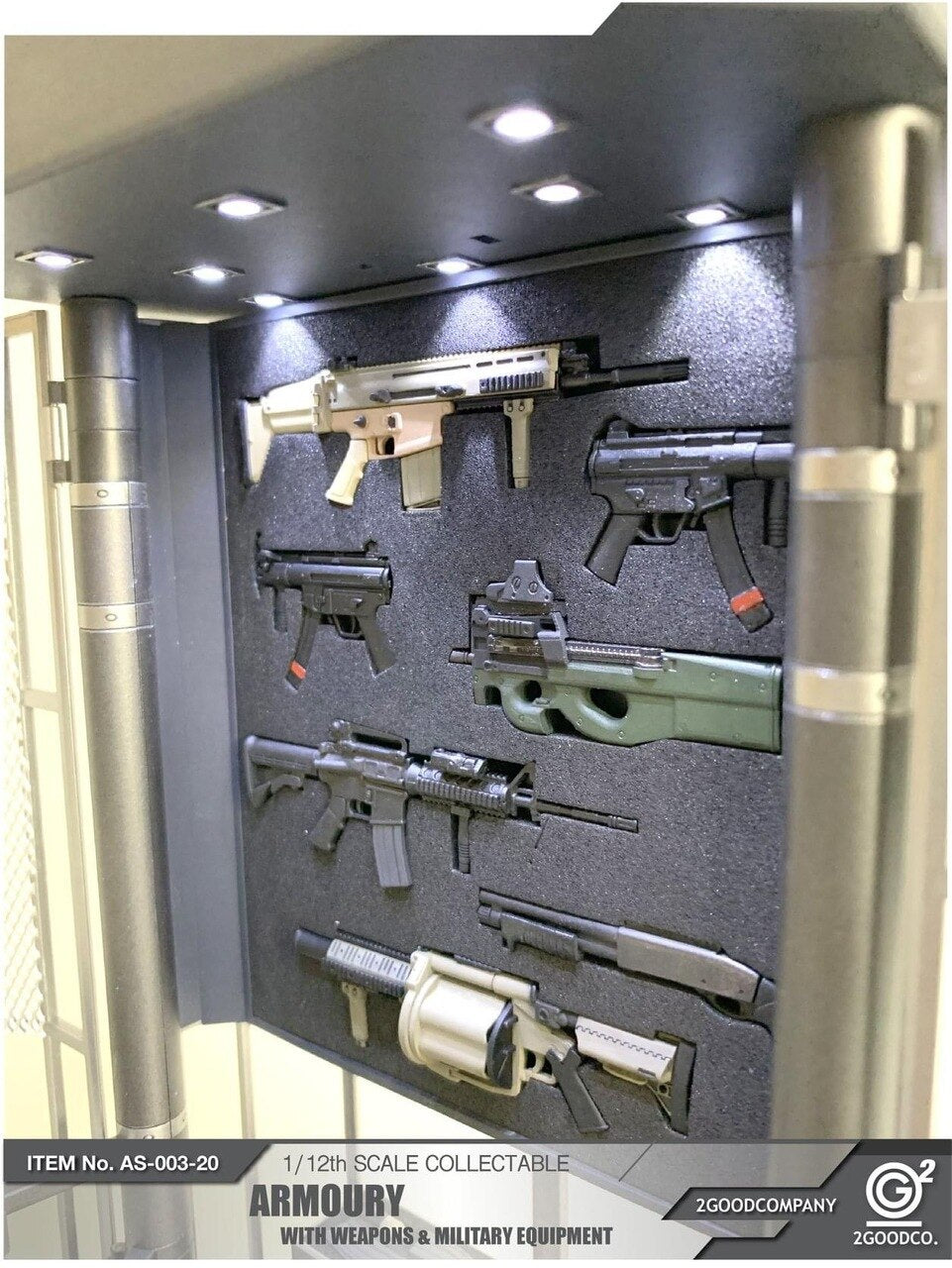Pedido Accesorio Armeria con Armas y Equipo Militar marca 2Goodco escala pequeña 1/12