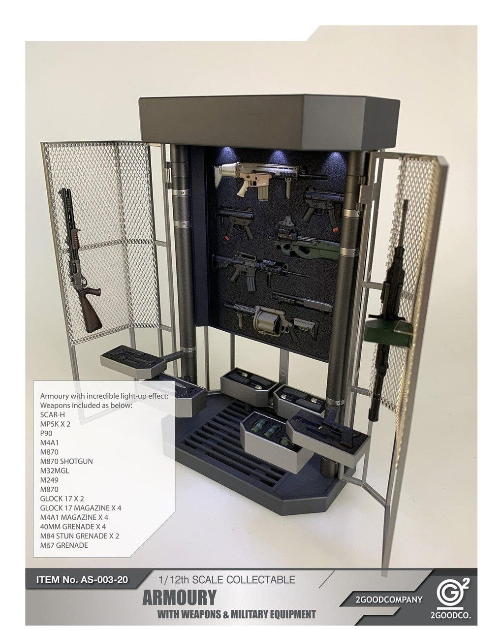 Pedido Accesorio Armeria con Armas y Equipo Militar marca 2Goodco escala pequeña 1/12